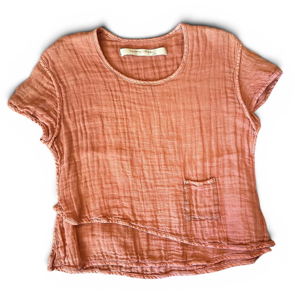 Cynthia Ashby 100%Linen Washed Crinkle Short Sleeve Top in Dusty Rose s